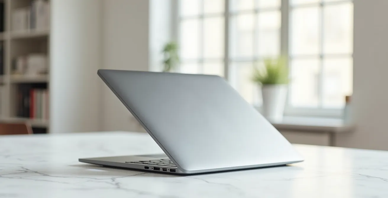 Vue de dos d'un écran d'ordinateur avec reflet lumineux