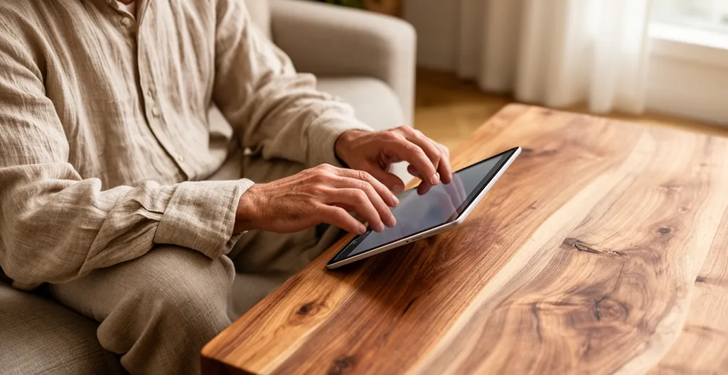 Personne consultant une tablette pour rechercher une location montagne