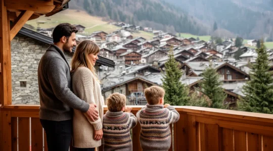 Famille observant la station de montagne depuis un balcon ensoleillé