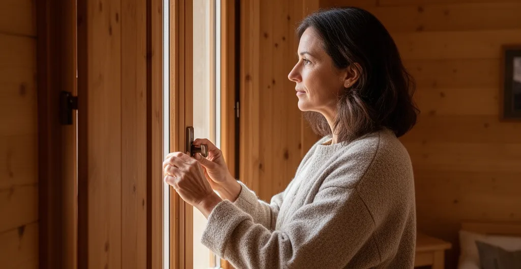 Femme ouvrant des volets dans un appartement de montagne ensoleillé
