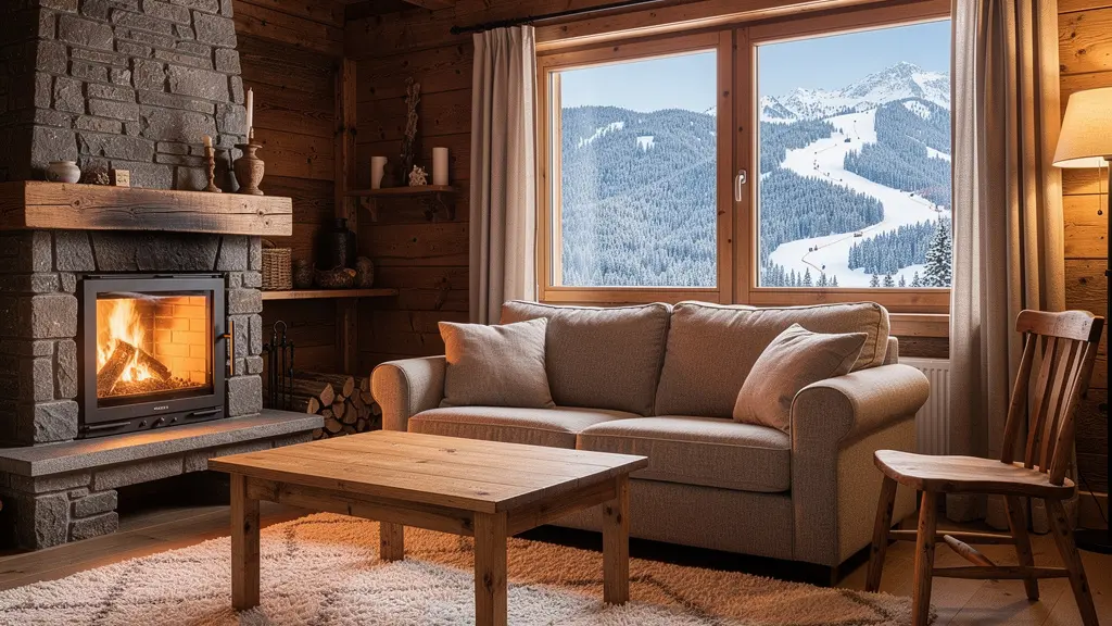 Salon appartement montagne vue pistes fenêtre résidence secondaire Champsaur