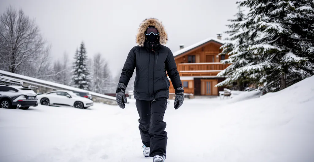 Personne en tenue de ski marchant sur chemin enneigé vers résidence montagne