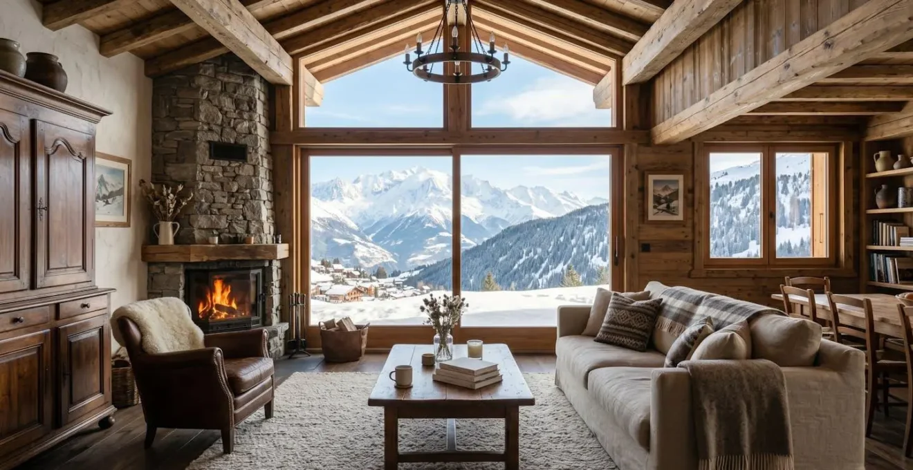 Séjour lumineux d'un appartement en montagne avec vue sur les sommets enneigés de la Savoie