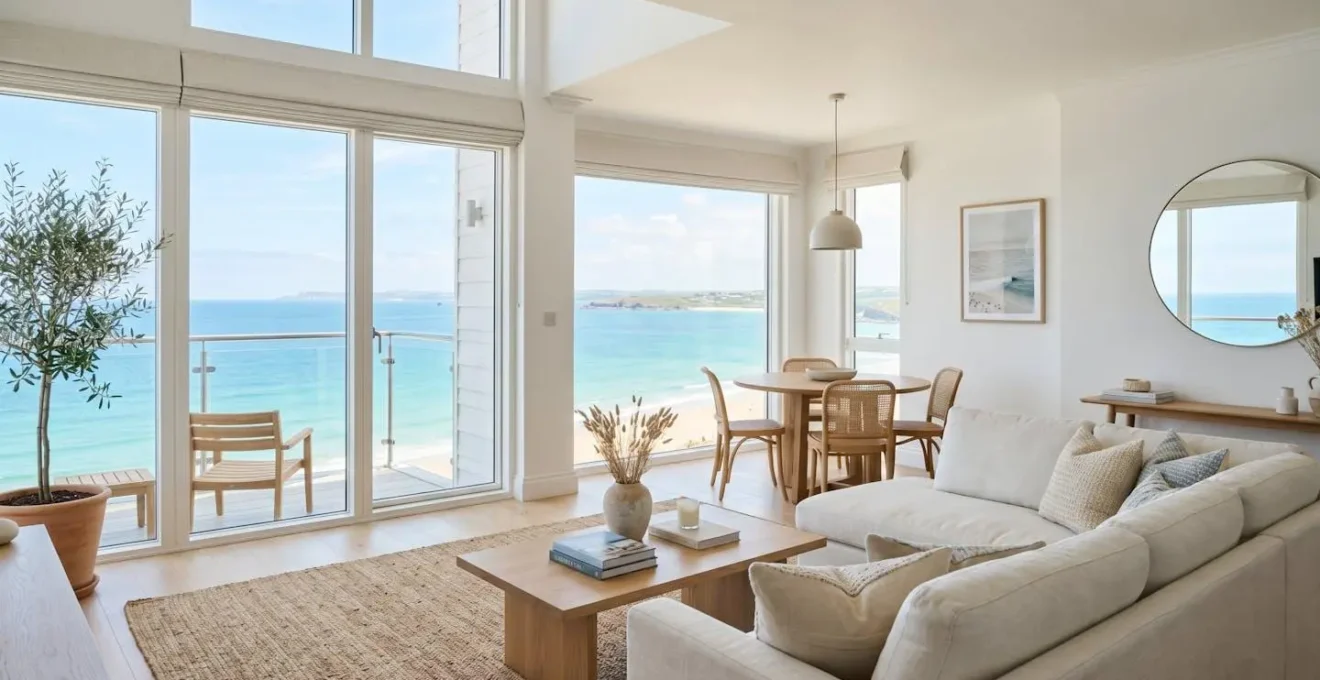 Intérieur lumineux d'un appartement meublé en bord de mer, prêt à accueillir des vacanciers, vue sur l'océan