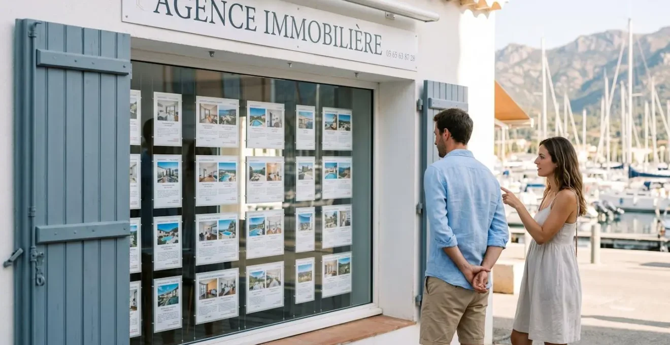 Couple consultant les annonces immobilières en vitrine d'une agence à Saint-Florent, façade méditerranéenne blanche avec volets bleus, port de plaisance et montagnes corses en arrière-plan