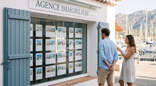 Couple consultant les annonces immobilières en vitrine d'une agence à Saint-Florent, façade méditerranéenne blanche avec volets bleus, port de plaisance et montagnes corses en arrière-plan