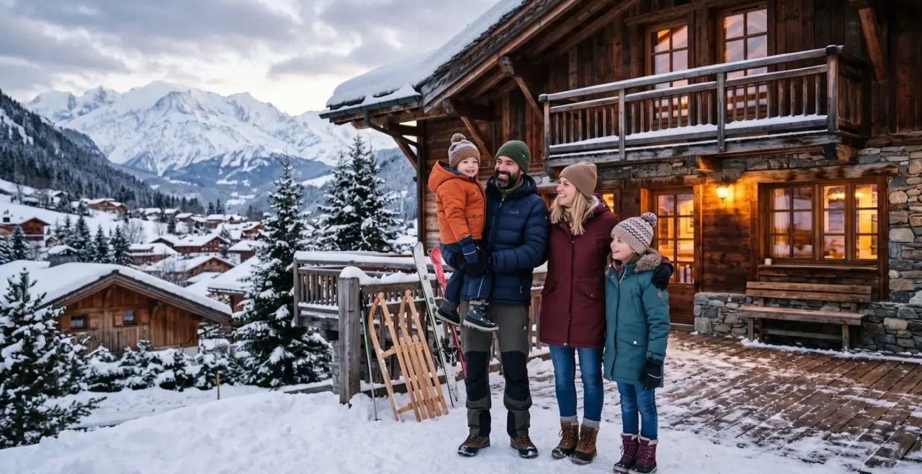 Famille avec enfants devant un chalet en montagne enneigée à Arêches-Beaufort, Savoie