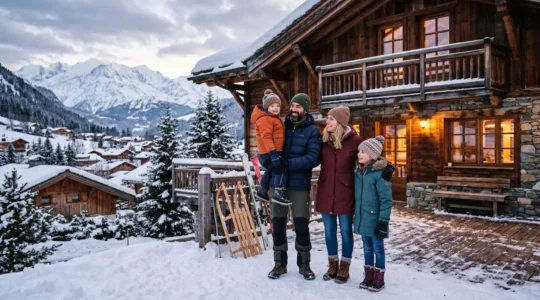 Famille avec enfants devant un chalet en montagne enneigée à Arêches-Beaufort, Savoie