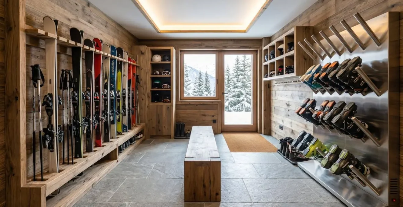 Local à skis sécurisé d'une résidence de montagne avec rangements individuels et chaussures de ski alignées