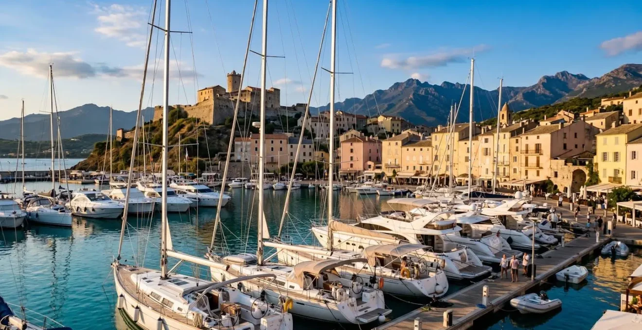 Port de plaisance de Saint-Florent au coucher du soleil, bateaux amarrés, façades colorées du village et montagnes du désert des Agriates en arrière-plan