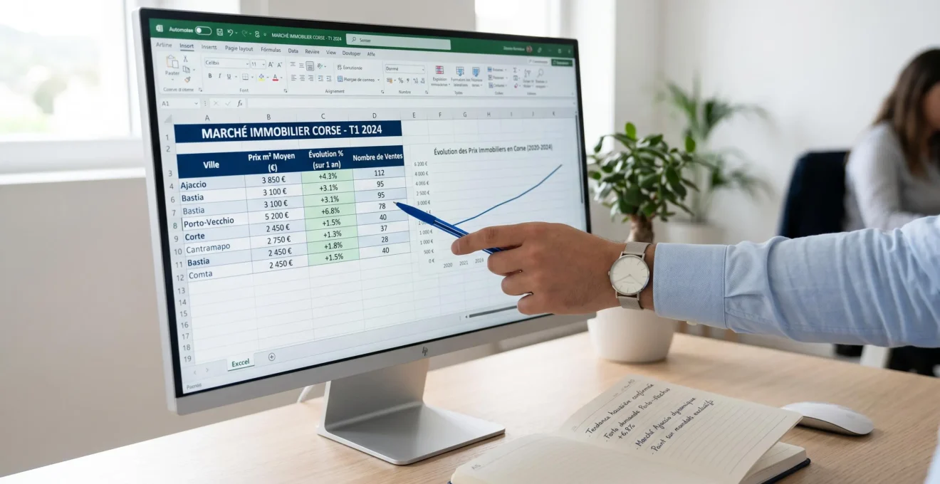 Professionnel consultant sur écran des statistiques de prix immobilier par ville en Corse, tableur avec colonnes et graphiques de tendances