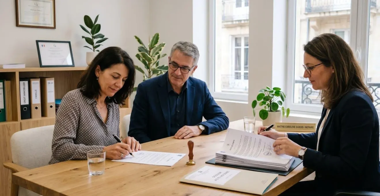 Acquéreurs signant l'acte authentique dans une étude notariale avec conseiller présent