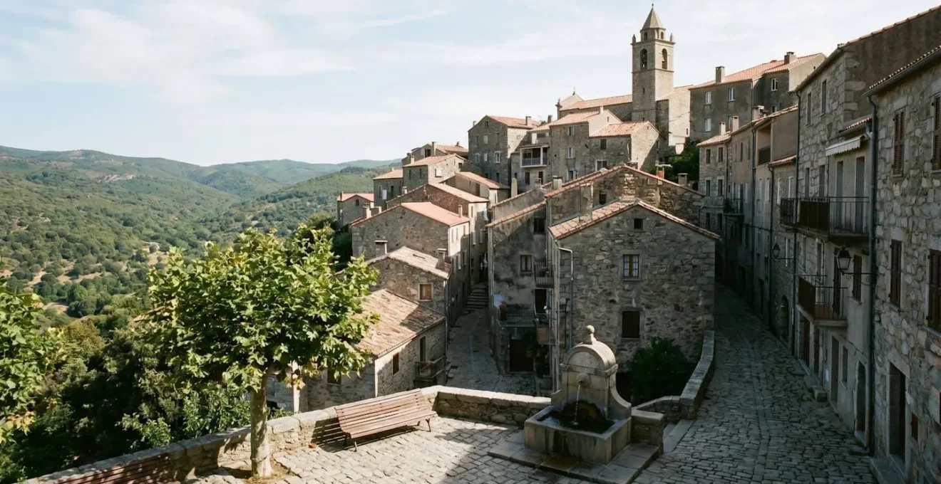 Village perché de l'intérieur corse avec maisons en pierre grise, ruelles pavées, place ombragée et vallée boisée en arrière-plan