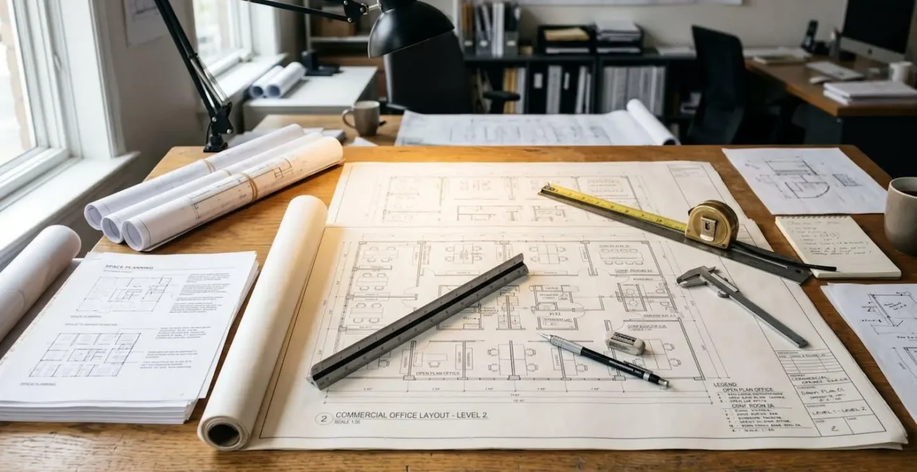 Plans d'aménagement de bureaux avec outils de mesure et documents de planification d'espaces sur un bureau d'architecte