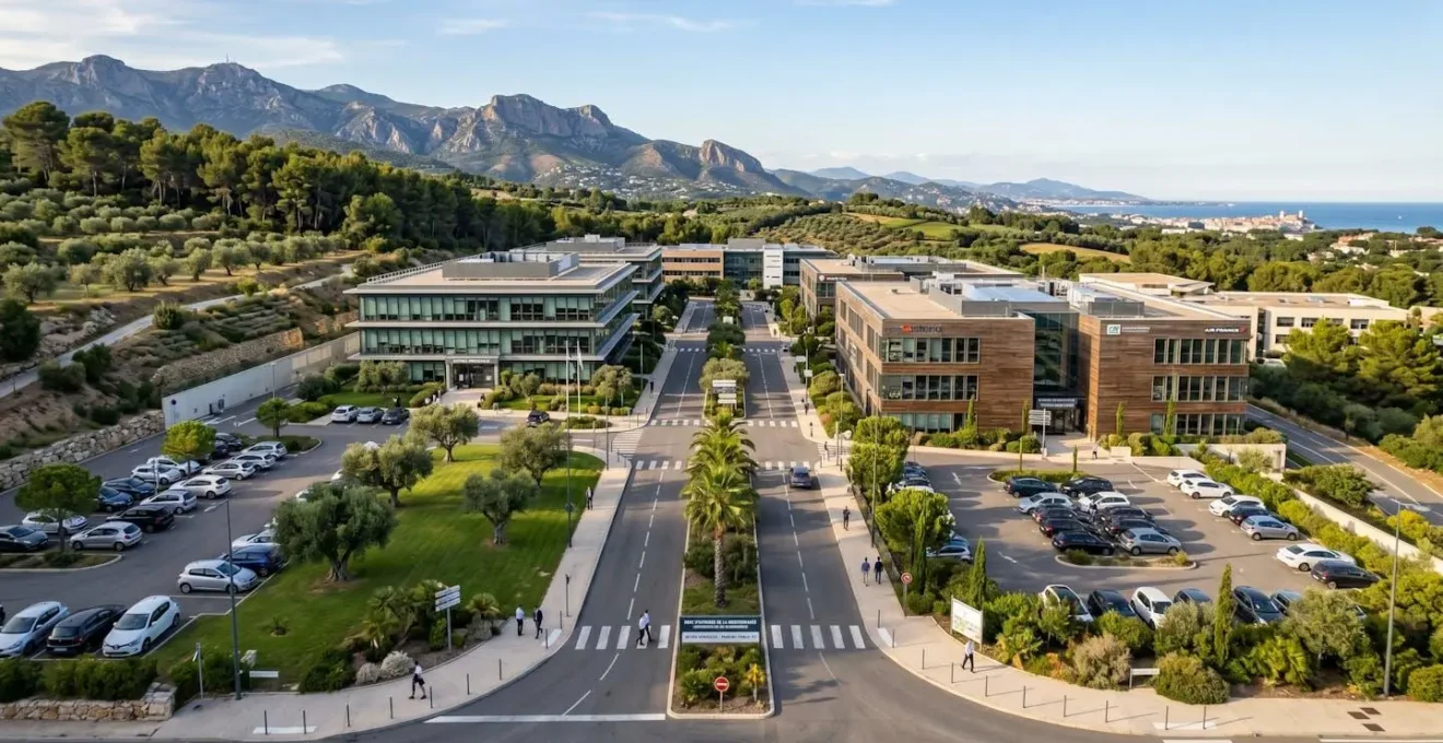 Zone d'activités moderne dans les Alpes-Maritimes avec immeubles de bureaux contemporains et espaces verts